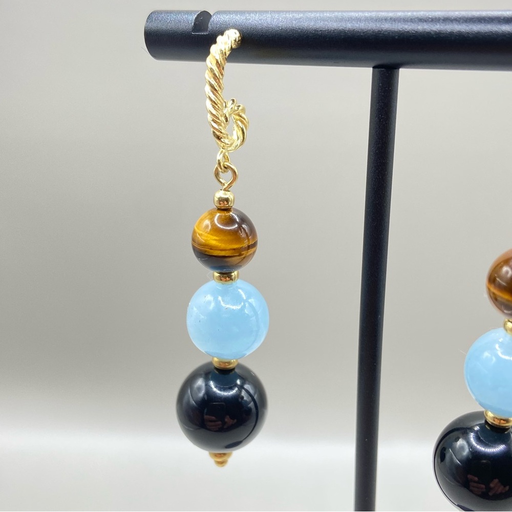 David Yurman 18K Yellow Gold Tiger Eye Black Onyx Bead Earrings - Picture 3 of 10